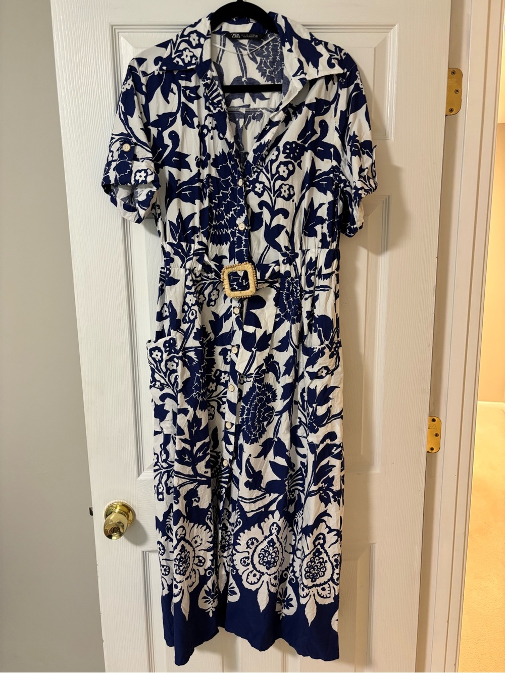 Zara Navy and White Floral Button-Front Midi Dress with Belt